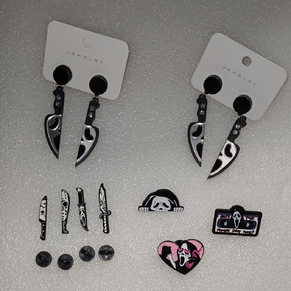 Ghost‎ Face Knife Earrings and Pins Sets